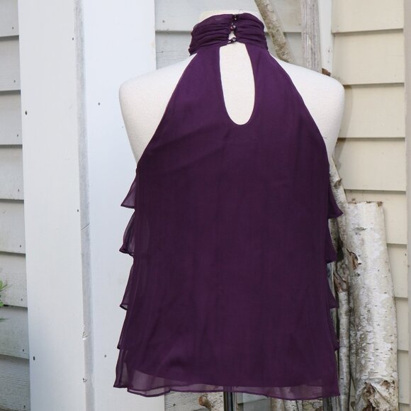 Kenar Plum Silk Ruffled High Halter Neck Keyhole Back Sleeveless Lined Top Sz M - Picture 5 of 7